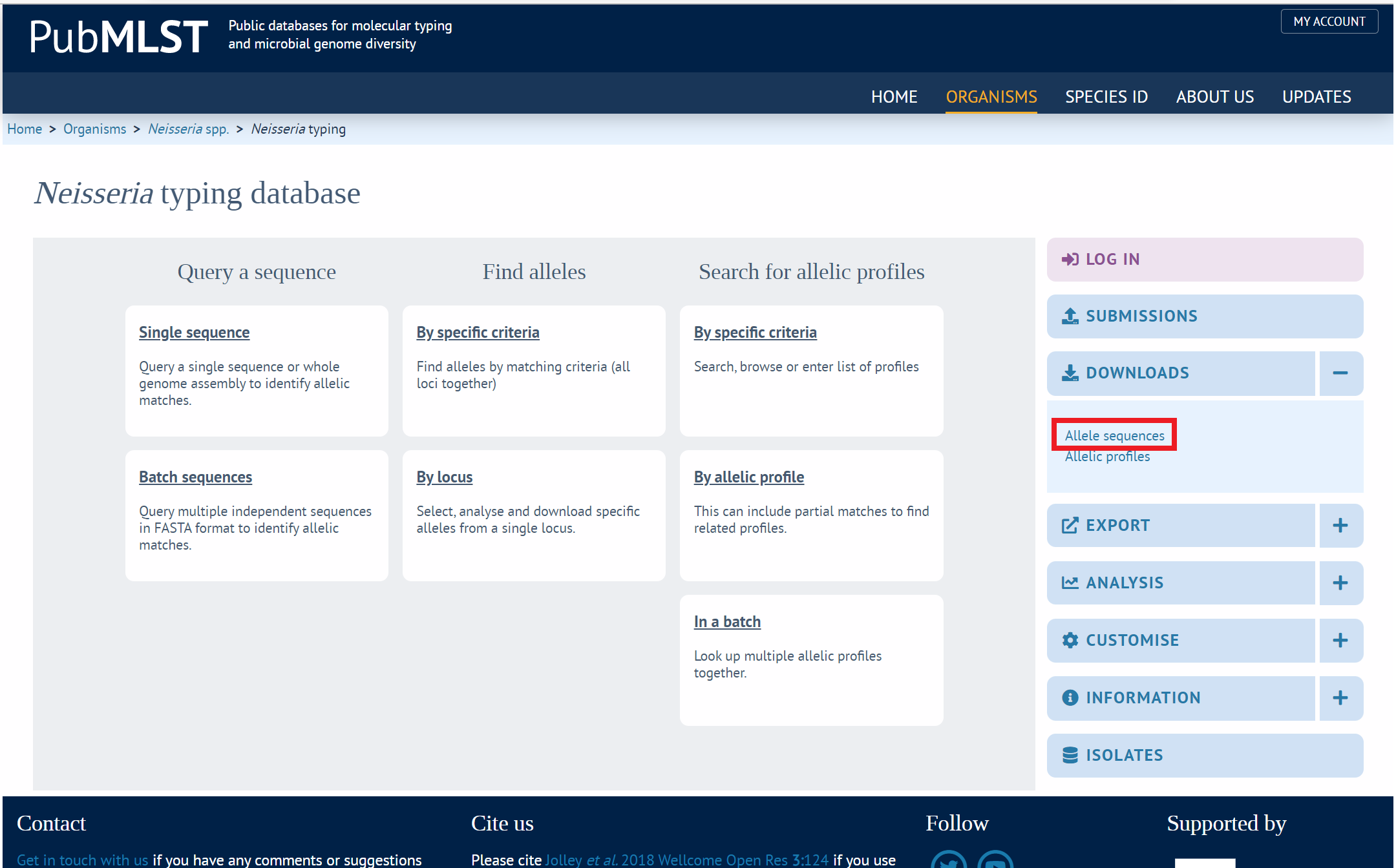 Screenshot of pubmlst typing page, with red box around allele sequence in downloads