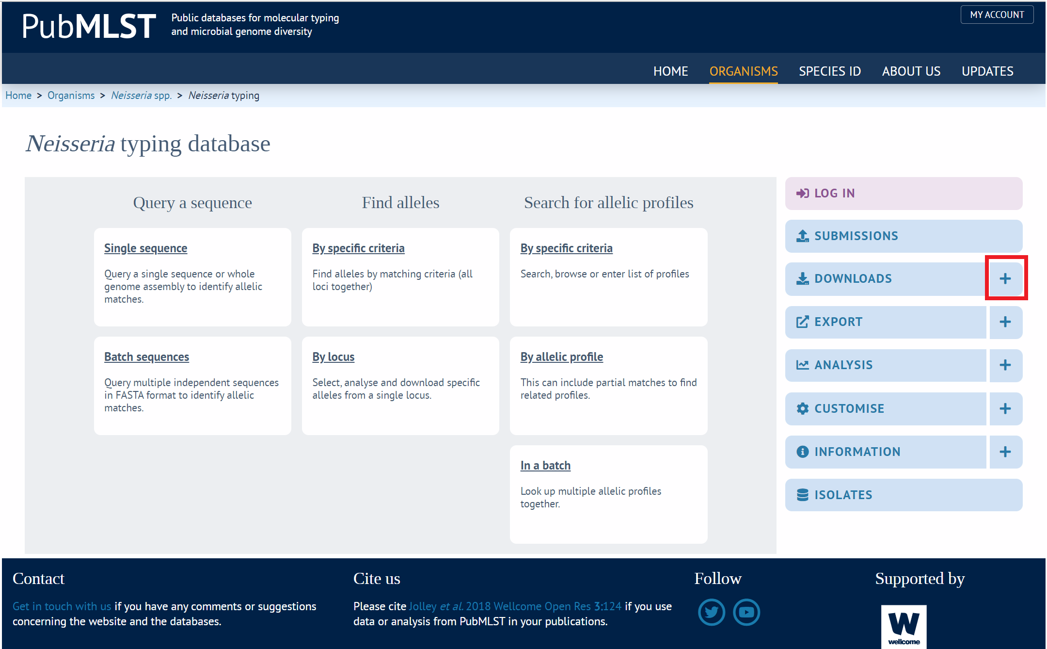 Screenshot of Neisseria typing page, with red box around downloads plus button