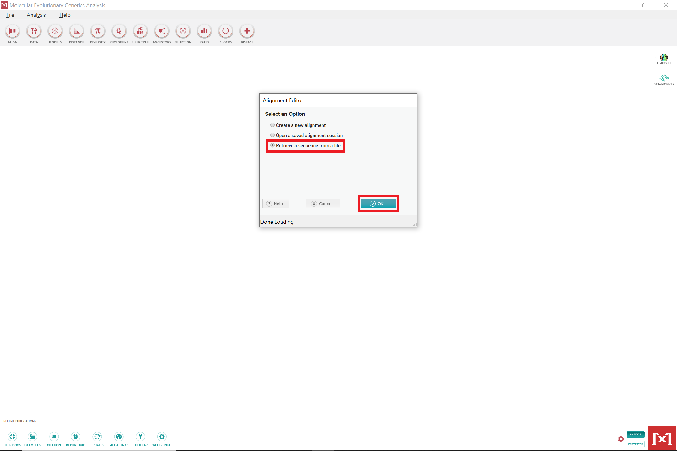 MEGA application open with red box around retrieve sequences from file