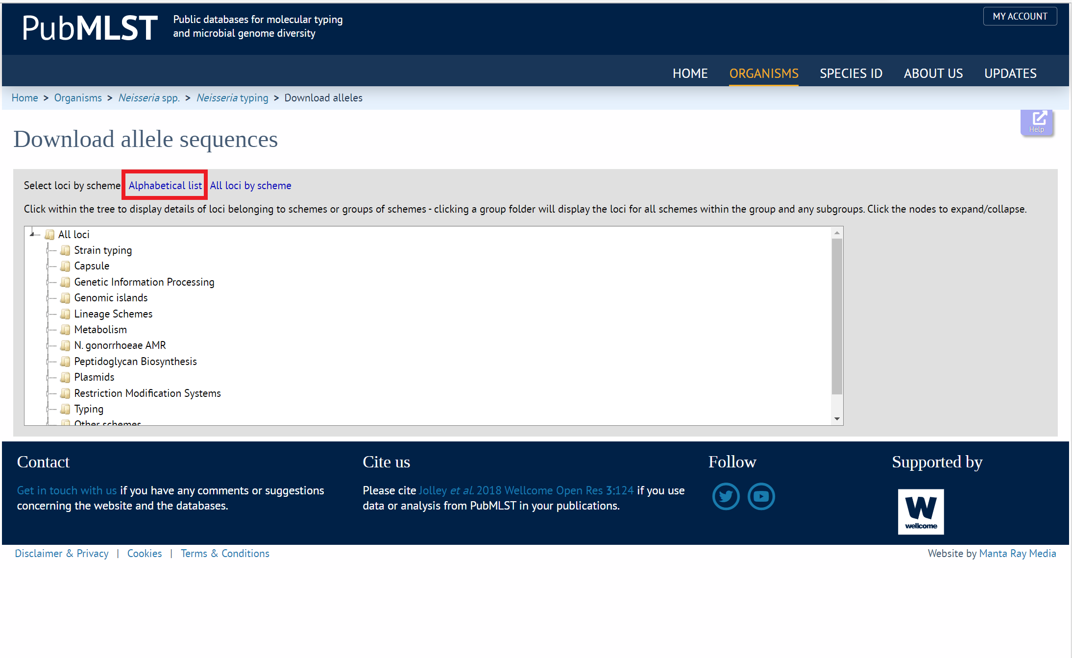 Screenshot of PubMLST download allele page with red box around alphabetical list