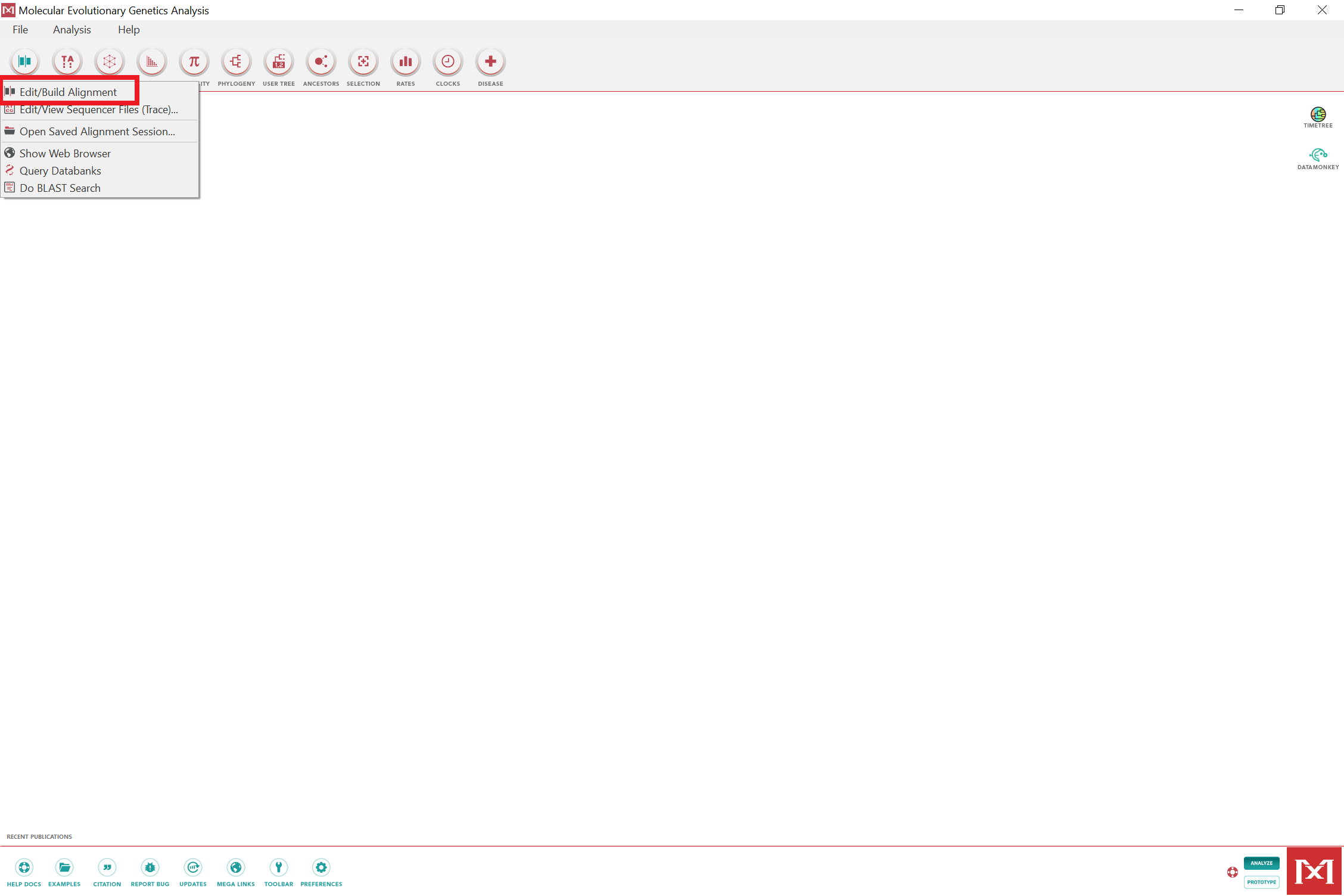 MEGA application open with red box around Edit/Build Alignment