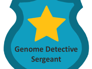 Cartoon drawing of police badge with title Genome Detective Sergeant. Badge is blue with a yellow star.